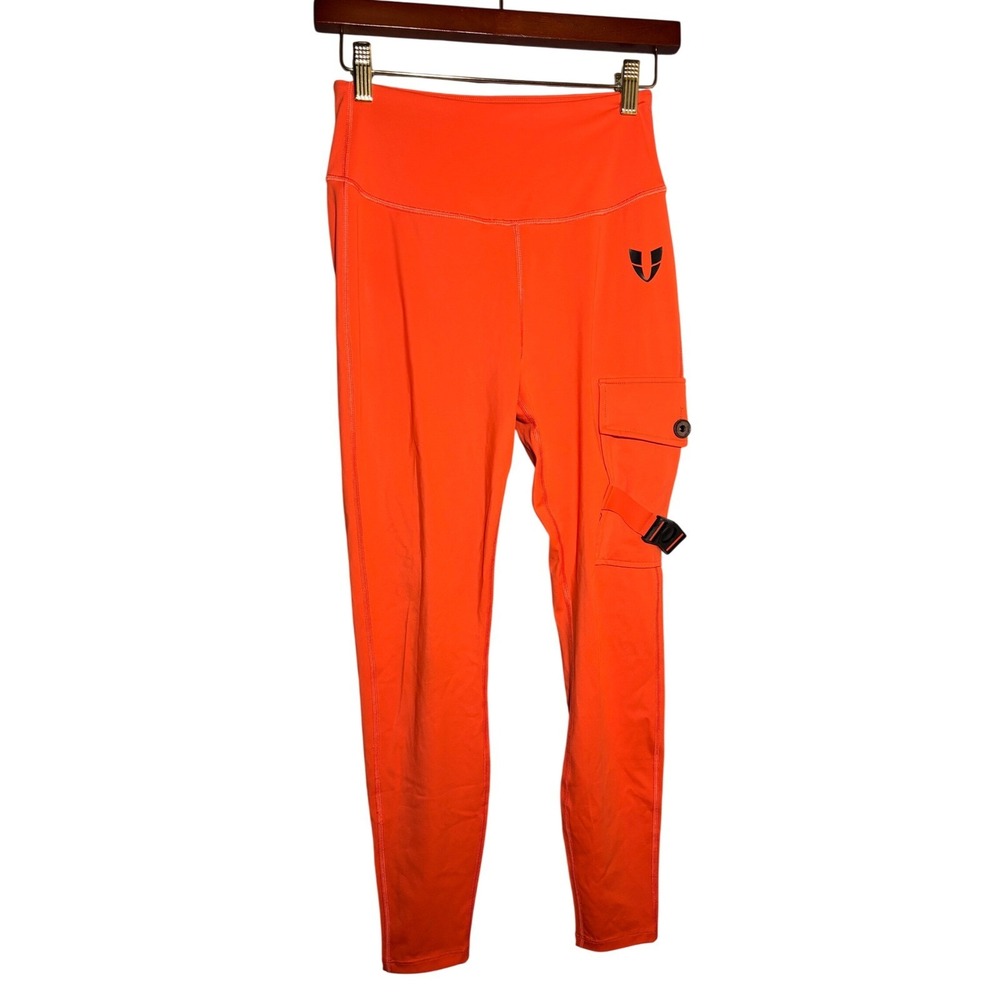 Firm Abs Womens High Waisted Cargo Leggings Neon Orange Ruched Back Size M